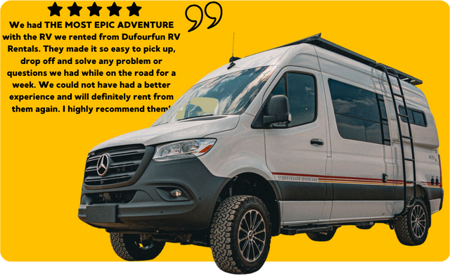 Epic RV rental adventure! This Storyteller Overland Sprinter RV from Dufourfun RV Rentals made their trip easy and fun.