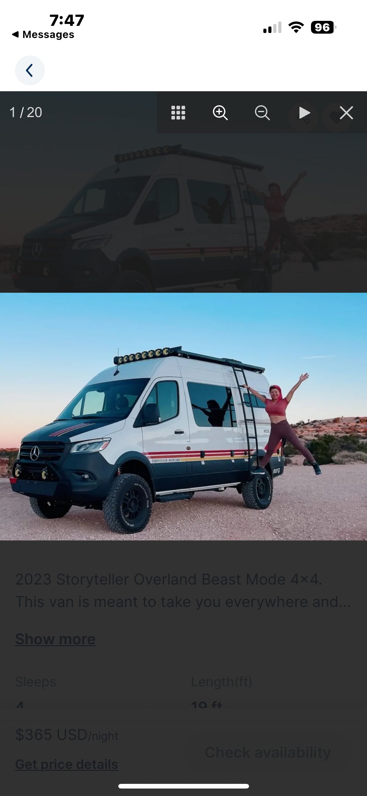 Adventure-ready 2023 Storyteller Overland Beast 4x4 camper van for RV rental. Person joyfully poses outdoors.