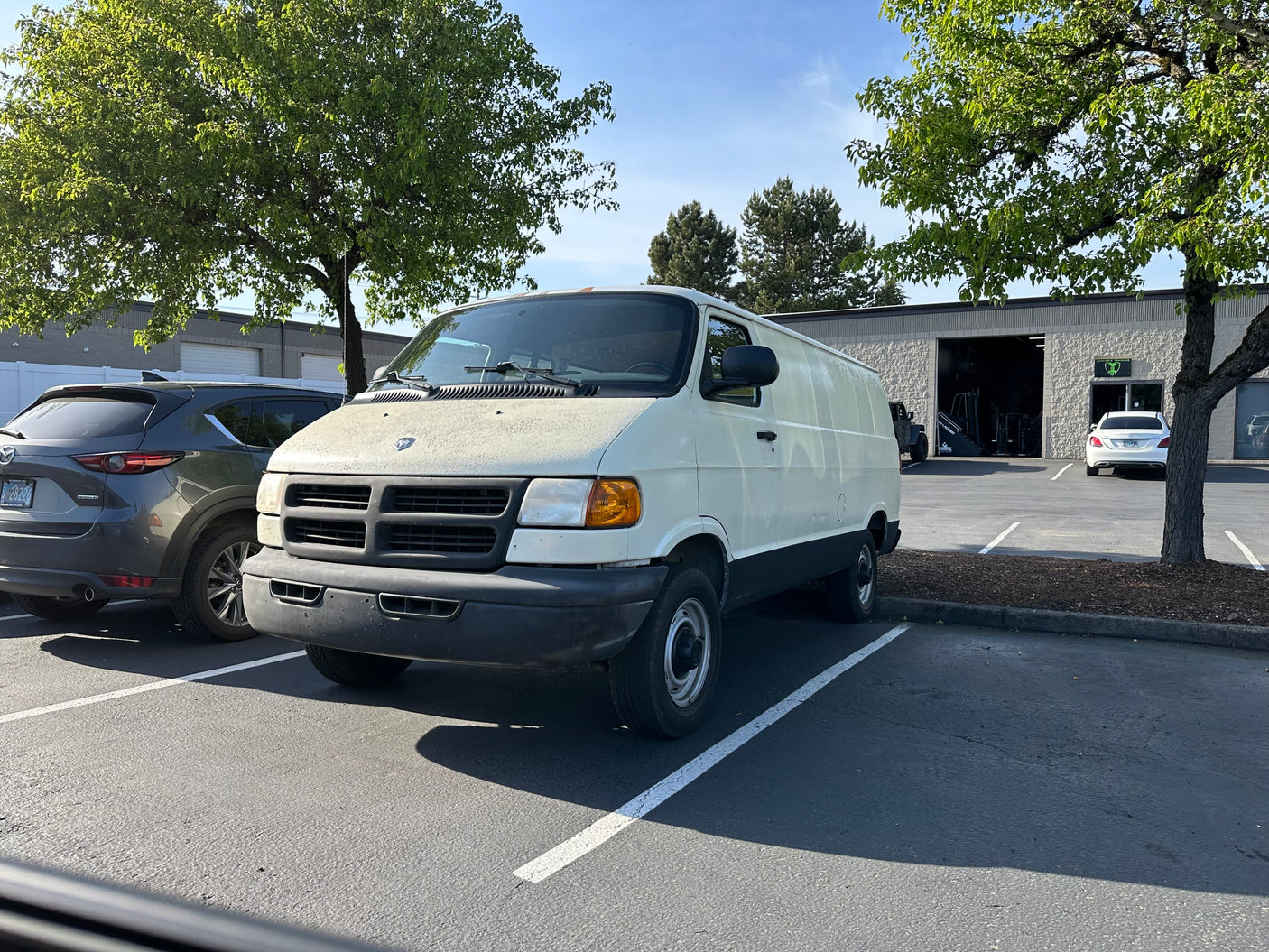 Weathered white commercial van, similar to one for RV rental, parked in a sunlit lot with green trees and buildings.