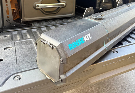  pots) & rooftop tent.|RV rental gear: a textured storage case on a slide-out tray
