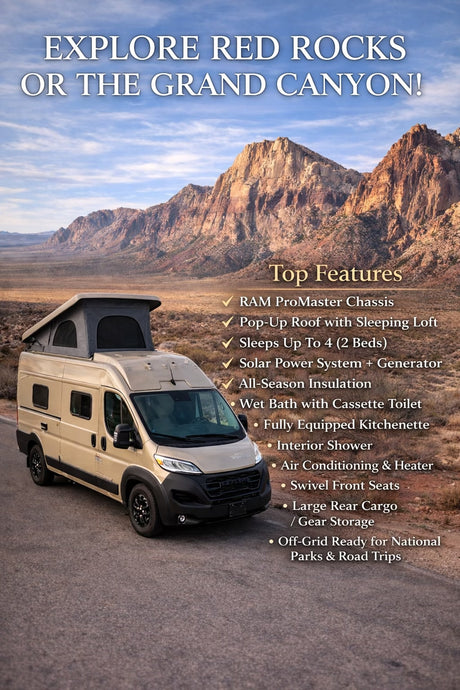 **rv rental** van ideal for exploring Red Rocks & Grand Canyon. Features a pop-up roof, sleeps 4, and is off-grid ready.