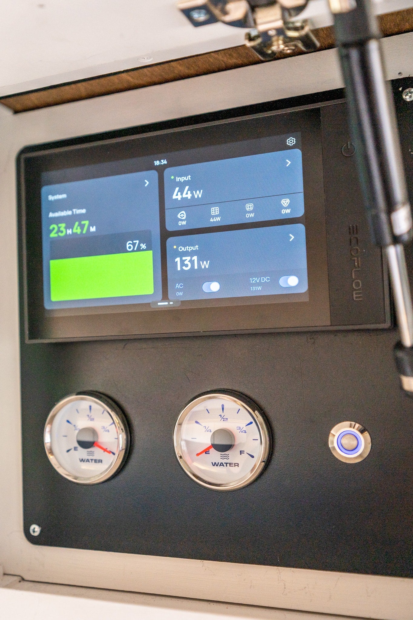 RV rental control panel: Ecoflow screen shows 44W input, 131W output, 67% battery (23h 47m left), plus water gauges. — photo 18