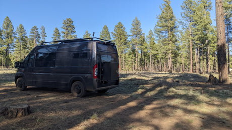 Dark gray camper van, perfect for an RV rental adventure, parked in a sun-dappled pine forest. Experience off-grid van life.