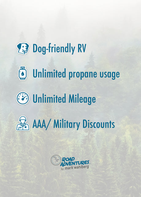 Road Adventures rv rental features: Dog-friendly, unlimited propane/mileage, AAA/military discounts for your next adventure.