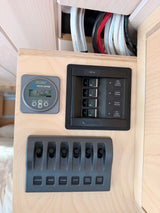 RV rental electrical system: Victron battery monitor and Blue Sea AC/DC panels with marine-grade wiring for onboard power management.