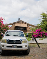 White Toyota Tacoma with a tan rooftop tent and ladder, an ideal RV rental for outdoor adventures amidst lush greenery.