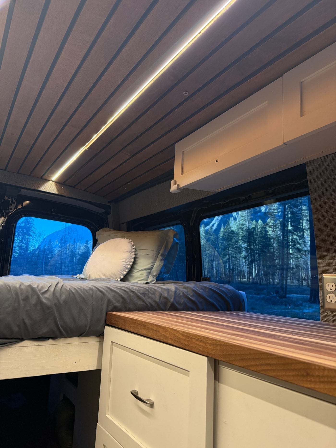 Cozy RV rental interior: bed, warm LED ceiling light, and a window framing a tranquil forest and mountains. — photo 11