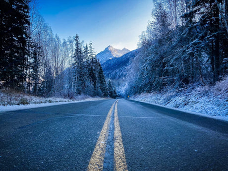 Serene winter road lined with snow-dusted trees stretching towards a majestic, snow-capped mountain. Perfect for an RV rental escape.