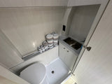 This RV rental features a compact wet bath with a toilet, shower base, stainless steel sink, and light wood-textured interior.