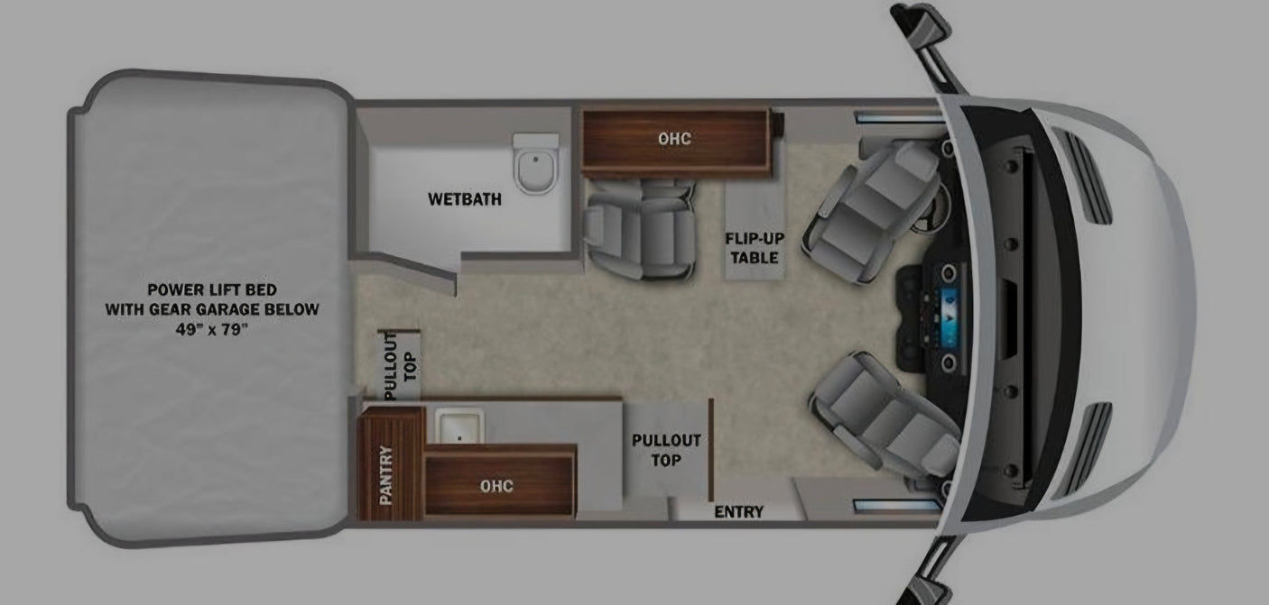 RV rental floor plan: A detailed overhead view showcasing the interior layout with bed, wet bath, kitchen, and front cabin.
