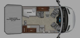 RV rental floor plan: A detailed overhead view showcasing the interior layout with bed, wet bath, kitchen, and front cabin.