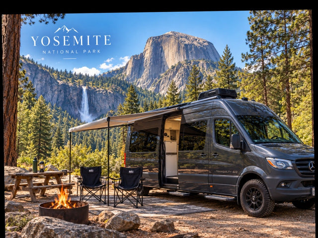 Enjoy a Yosemite RV rental adventure: a camper van set up with a campfire