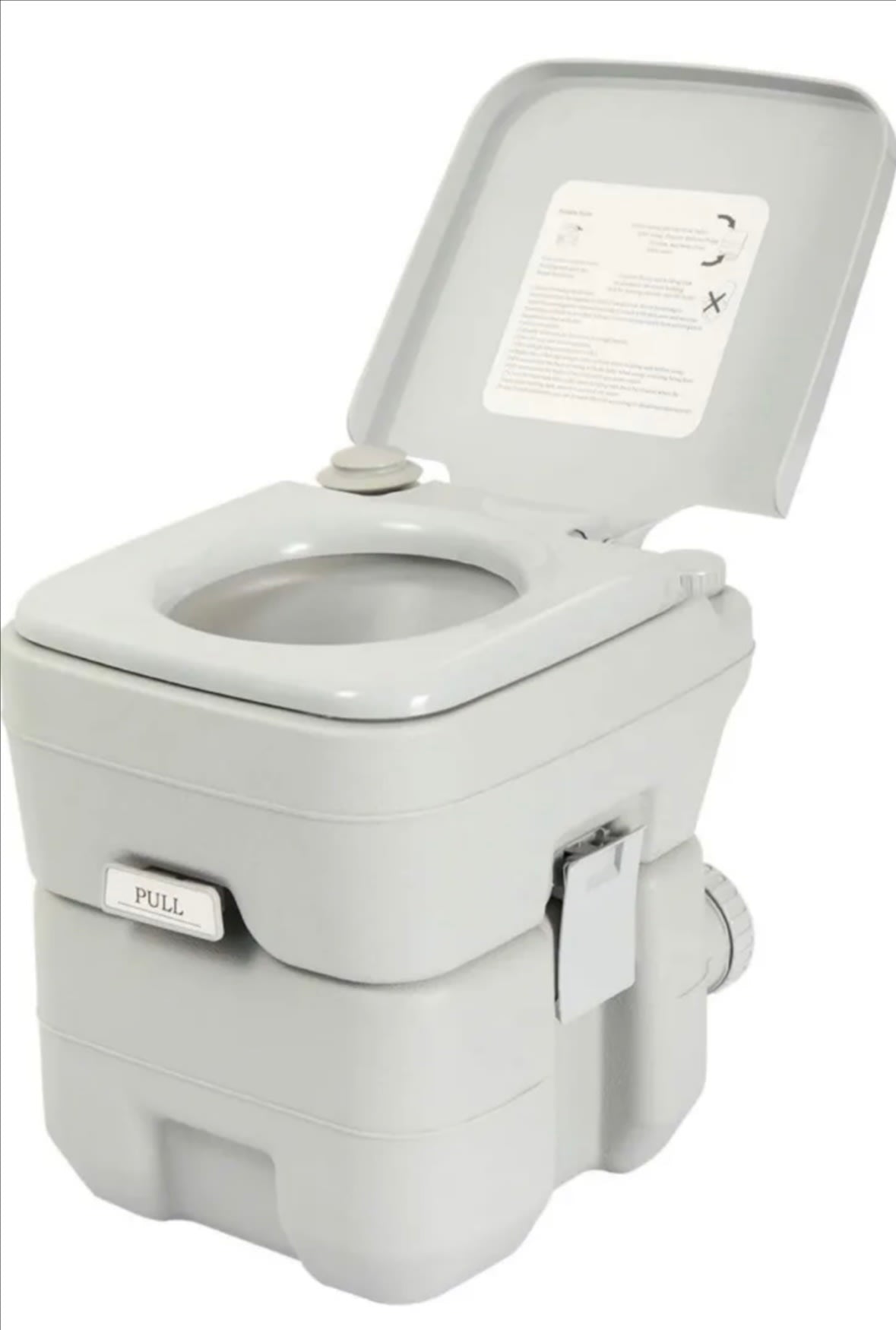 Light gray portable toilet, essential for RV rental adventures. Provides convenient, off-grid sanitation.