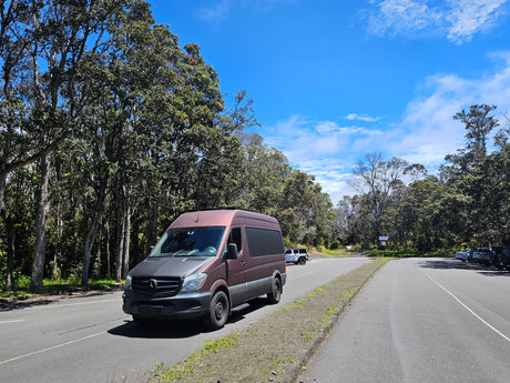 A reddish-brown RV rental van drives on a sunny road lined with `ōhi`a trees. Ideal for nature park road trips.
