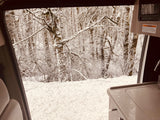 Inside an RV rental, a beautiful winter scene: snow-covered trees and ground visible through the window.