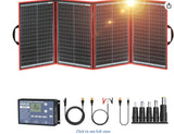 Portable foldable solar panel kit with charge controller & accessories, ideal for RV rental & off-grid charging.