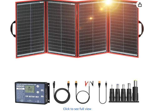 Portable foldable solar panel kit with charge controller & accessories, ideal for RV rental & off-grid charging.
