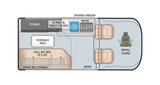 RV rental floor plan showing interior layout: pull-out bed, swivel chairs, storage, and removable table.