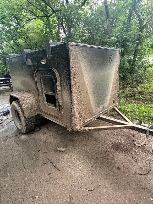 Muddy off-road trailer after an adventure; perfect for your next RV rental camping trip.