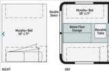 Compact RV rental: Murphy bed transforms day layout (storage/table) to night (bed).