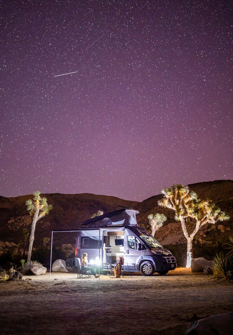  surrounded by Joshua trees.|An RV rental illuminates a desert camp scene under a vibrant star-filled sky — photo 2