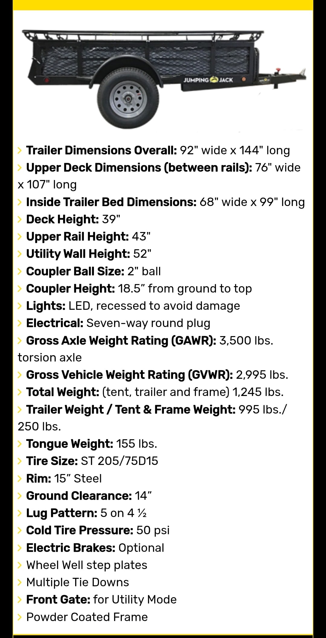 Trailer specs for an RV rental utility trailer, detailing dimensions, weights, and features like tire size.