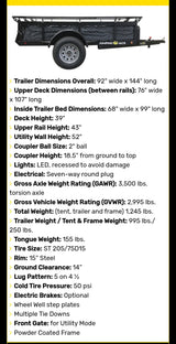 Trailer specs for an RV rental utility trailer, detailing dimensions, weights, and features like tire size.