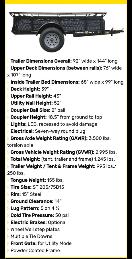 Trailer specs for an RV rental utility trailer, detailing dimensions, weights, and features like tire size.