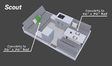 Scout RV rental's interior floor plan with convertible beds (56"x76", 46"x76"), kitchen, and dining area.