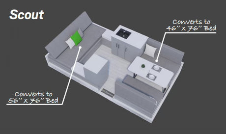 Scout RV rental's interior floor plan with convertible beds (56"x76", 46"x76"), kitchen, and dining area.