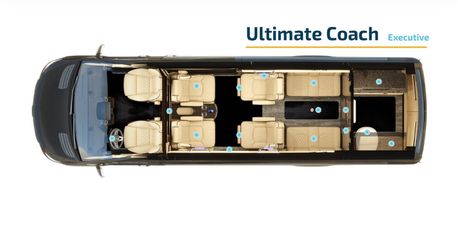  parked indoors.|A black Mercedes-Benz Sprinter conversion van