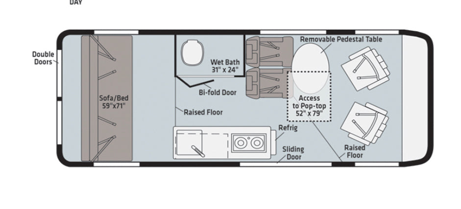 This rv rental floor plan shows a compact layout with a sofa bed, wet bath, kitchen, and dining area, plus pop-top access.