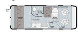 This rv rental floor plan shows a compact layout with a sofa bed, wet bath, kitchen, and dining area, plus pop-top access.