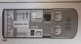 RV rental floor plan detailing a compact vehicle. Features include a fold-out sleeping area, portable kitchen, shower, and swivel chairs.