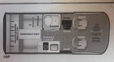 RV rental floor plan detailing a compact vehicle. Features include a fold-out sleeping area, portable kitchen, shower, and swivel chairs.