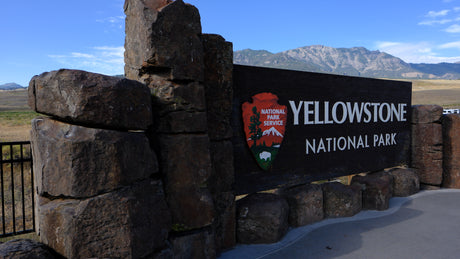 Yellowstone National Park entrance sign, framed by stone pillars, mountains visible. Ideal for an RV rental trip!