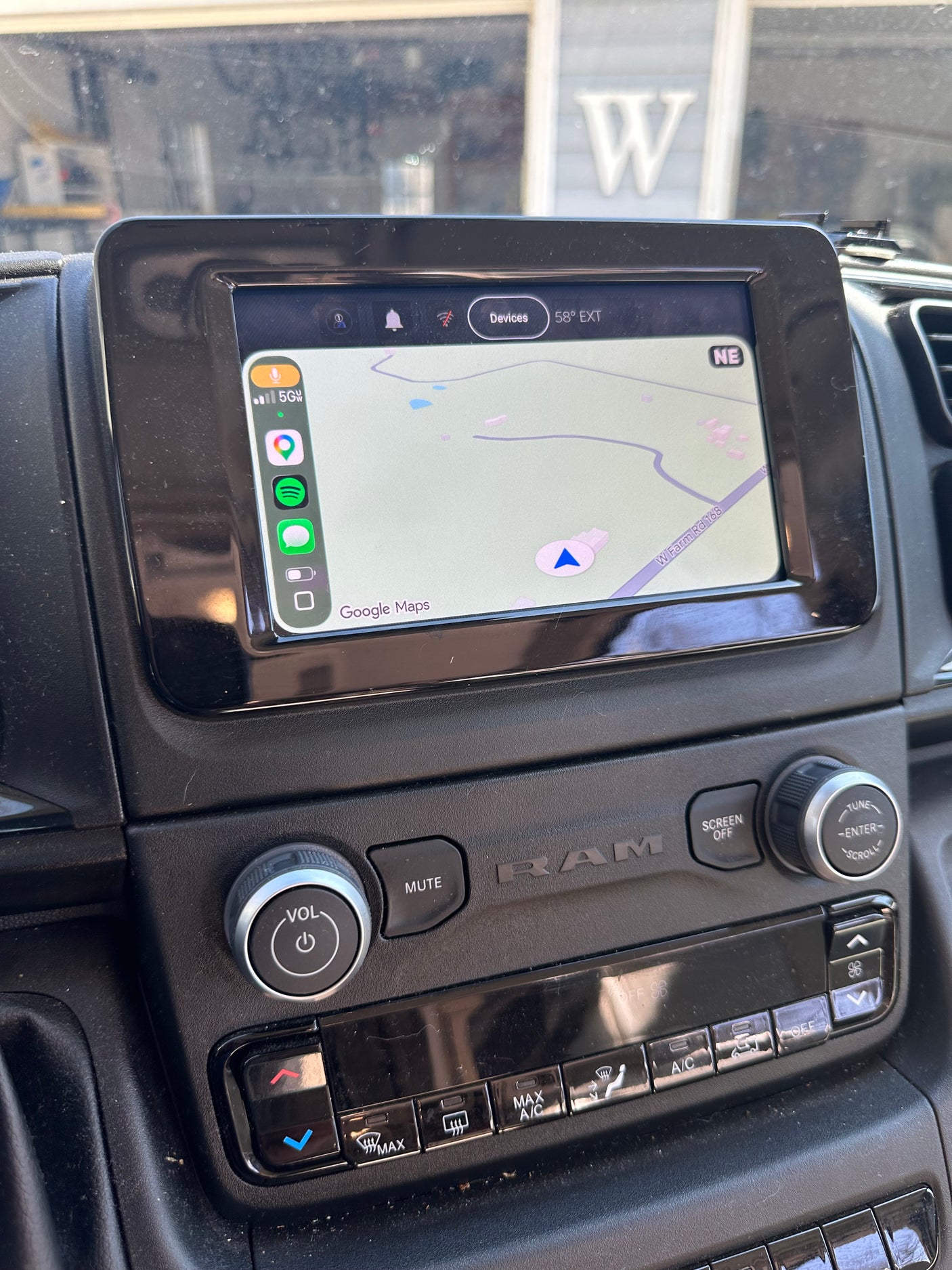 RV rental: Infotainment system displays Google Maps (W Farm Rd 168, 58° EXT). Vehicle audio and climate controls are below.