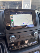 RV rental: Infotainment system displays Google Maps (W Farm Rd 168, 58° EXT). Vehicle audio and climate controls are below.