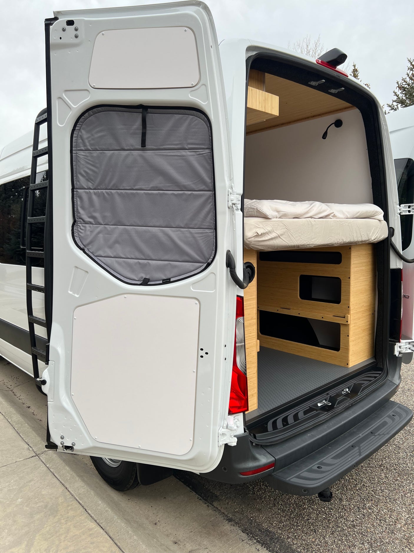 Rear view of an RV rental: white camper van with open doors, showcasing a cozy bed, modular storage, and exterior ladder.