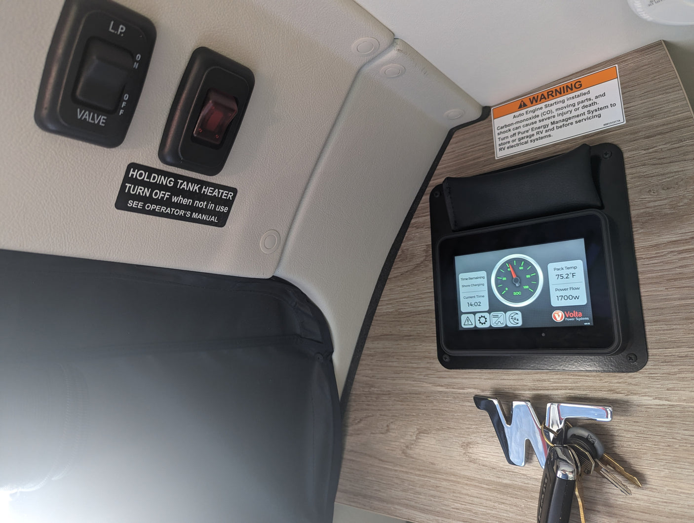 RV rental interior: control panel displays Volta Power System (75.2°F, 1700W), next to LP and holding tank switches. Keys hang below.