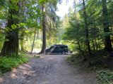 A dark camper van (RV rental) is parked on a dirt road in a sunny forest, ready for outdoor adventure.