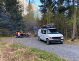 Campsite scene with a white rv rental van, person at picnic table, and campfire in the woods. Perfect for outdoor adventures.
