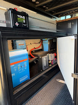 RV rental's power hub: Victron inverter/charger, solar charge controller & fuse box for off-grid adventures in this camper.