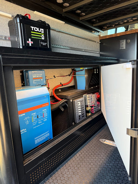 RV rental's power hub: Victron inverter/charger, solar charge controller & fuse box for off-grid adventures in this camper.