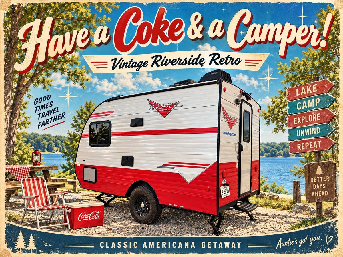 This vintage RV rental features a retro red & white camper by the lake. Perfect for a classic Americana getaway & good times.|Retro red and white rv rental with an extended awning. Parked at a sunny campground next to a picnic table.|This white and red travel trailer rv rental is set up at a beautiful lakeside campsite