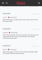 5-star customer reviews for a comfy van mattress. Great for RV rental, ensuring restful sleep and van life comfort.