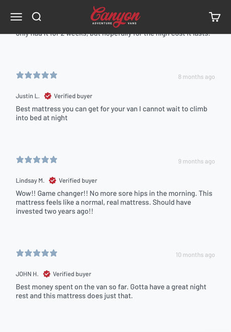 5-star customer reviews for a comfy van mattress. Great for RV rental, ensuring restful sleep and van life comfort.