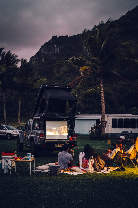 Friends enjoy an outdoor movie projected from a truck, camping under palm trees. An RV rental is visible in the background.