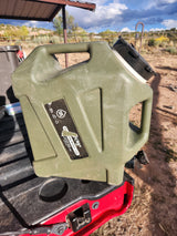 Green 12L DRMY camping water jug on an RV rental, ready for outdoor adventures under a cloudy sky.