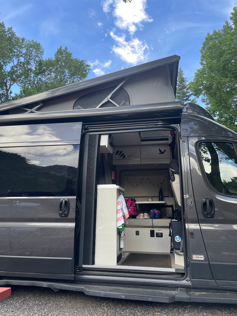 Open side door of an RV rental camper van with pop-top roof, revealing a cozy, decorated interior. Surrounded by trees & blue sky. — photo 5